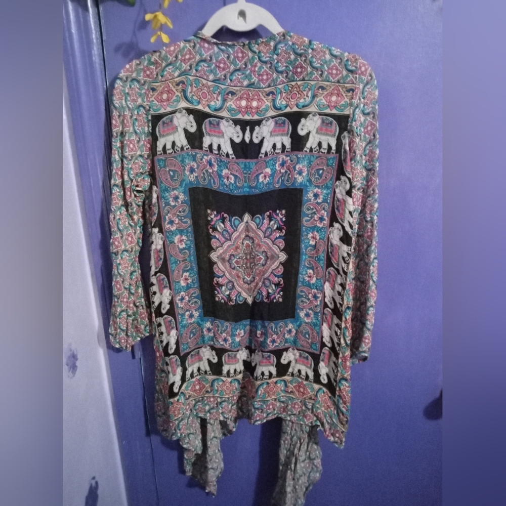 Tolani Teal Pink Patterned Kimono with Elephant Motif - Picture 4 of 7